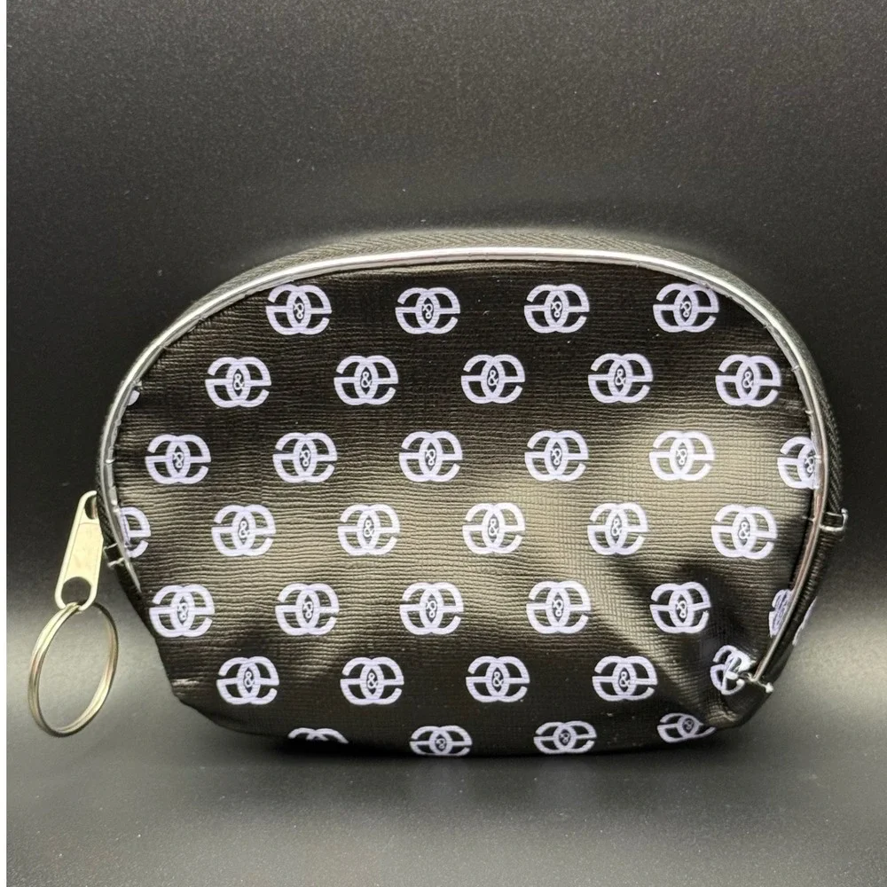 Black Cosmetic Bag with White Print‎ Zipper Pouch Keychain Ring